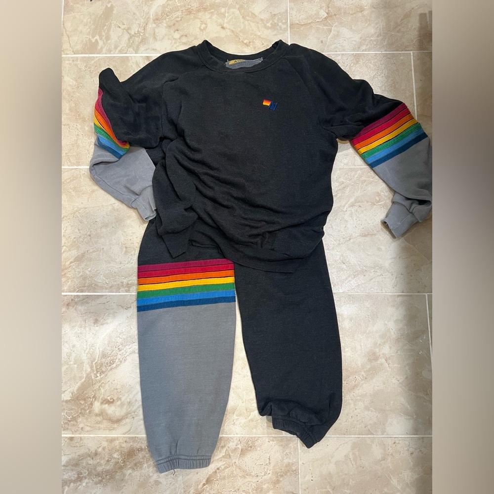 Aviator Nation Black Sweatshirt and pants with Rainbow Accents